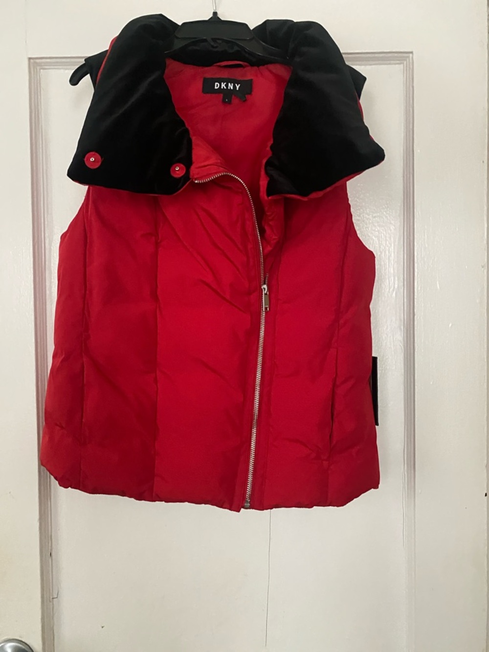 DKNY Red Puffer Vest with Black Detachable Collar